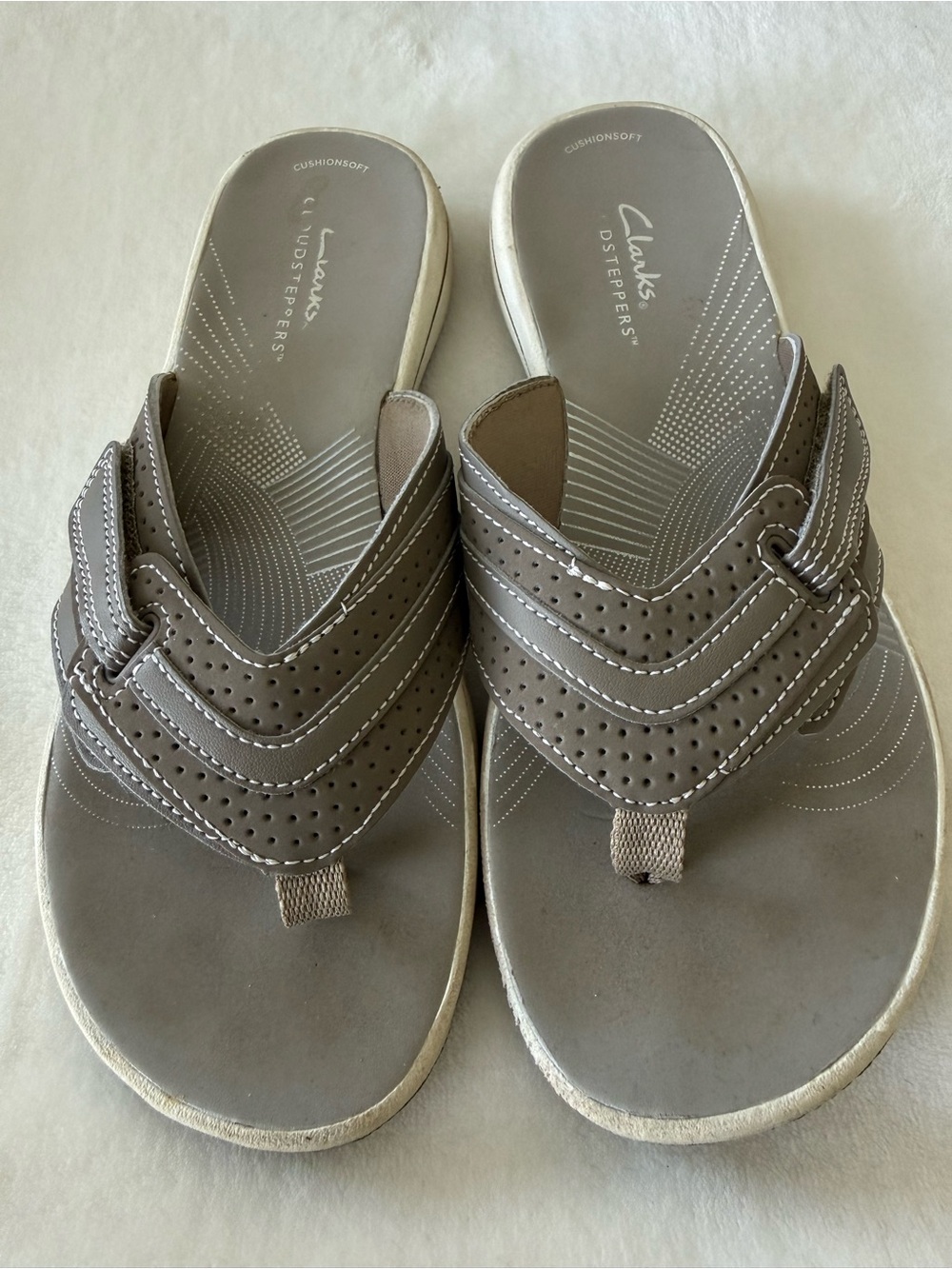 Clarks Taupe Perforated Leather Thong Sandals
